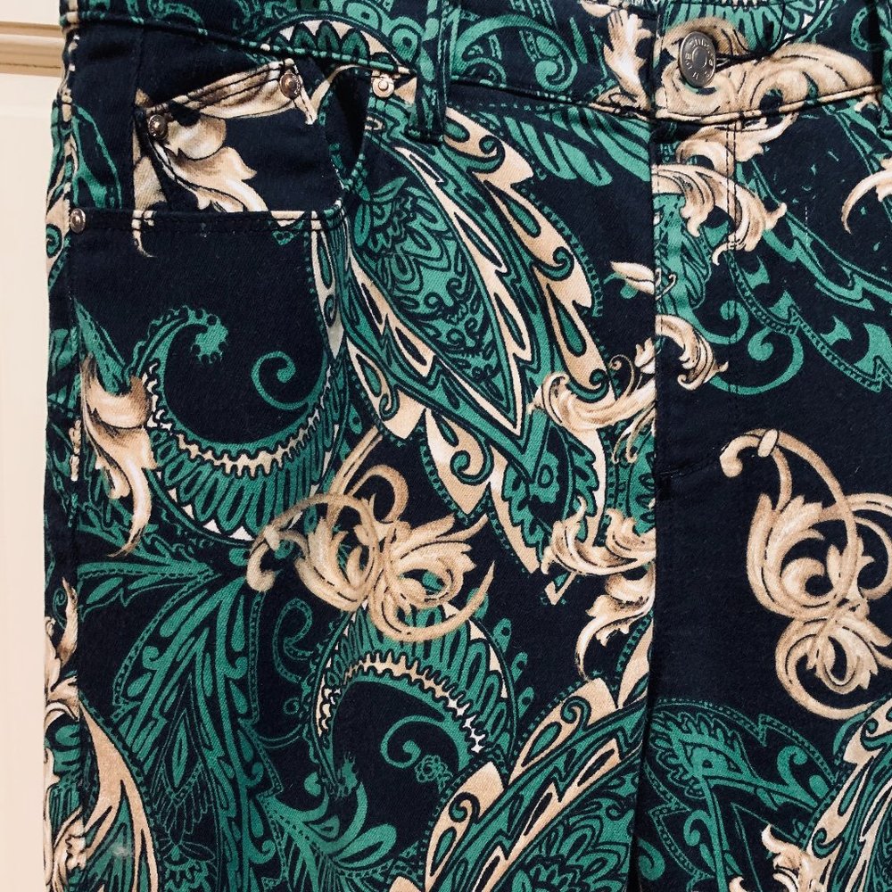 Paisley Jeggings by Chico's in Black, Gold and Green - Size 2 - Picture 4 of 7